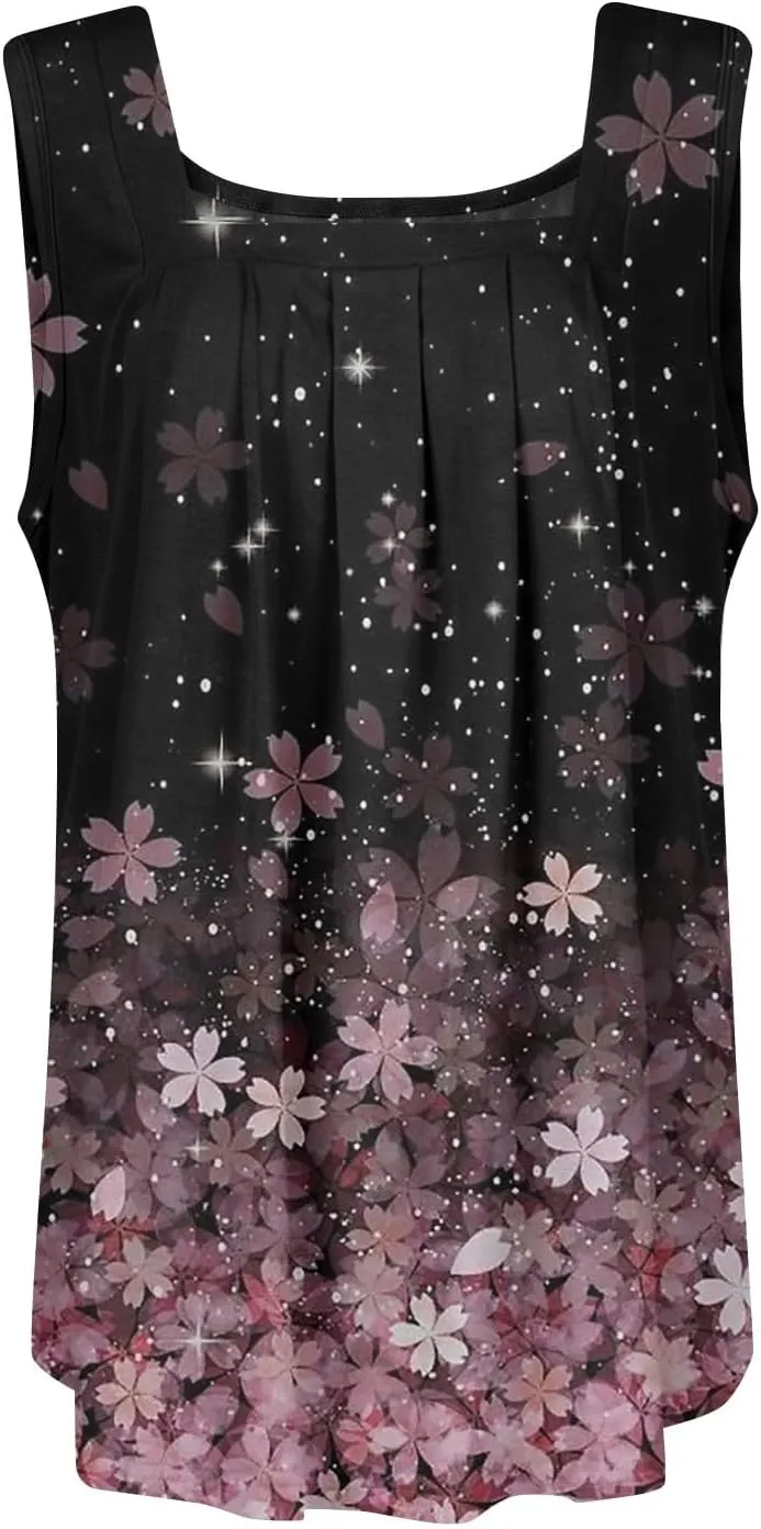 Womens Tank Tops Ruffled Square Neck Printed Shirts 2025 Summer Casual Loose Fit Sleeveless Cute Tanks Tee for Women