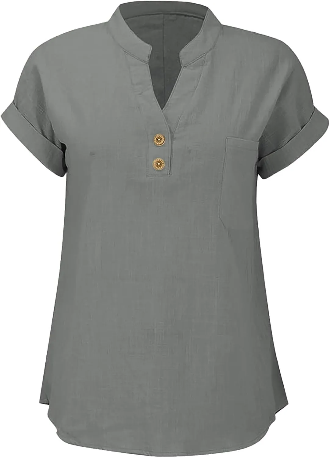 Womens Tops Trendy Short Sleeve V Neck Button Cotton Linen Solid Tunics Shirts Loose Casual Summer Tees with Pockets