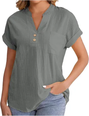 Womens Tops Trendy Short Sleeve V Neck Button Cotton Linen Solid Tunics Shirts Loose Casual Summer Tees with Pockets