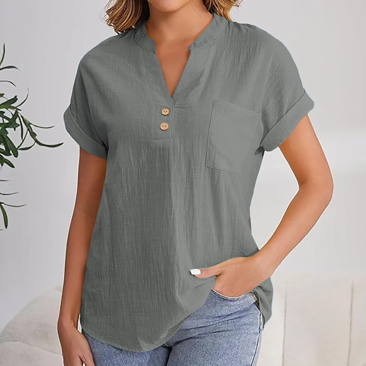 Womens Tops Trendy Short Sleeve V Neck Button Cotton Linen Solid Tunics Shirts Loose Casual Summer Tees with Pockets