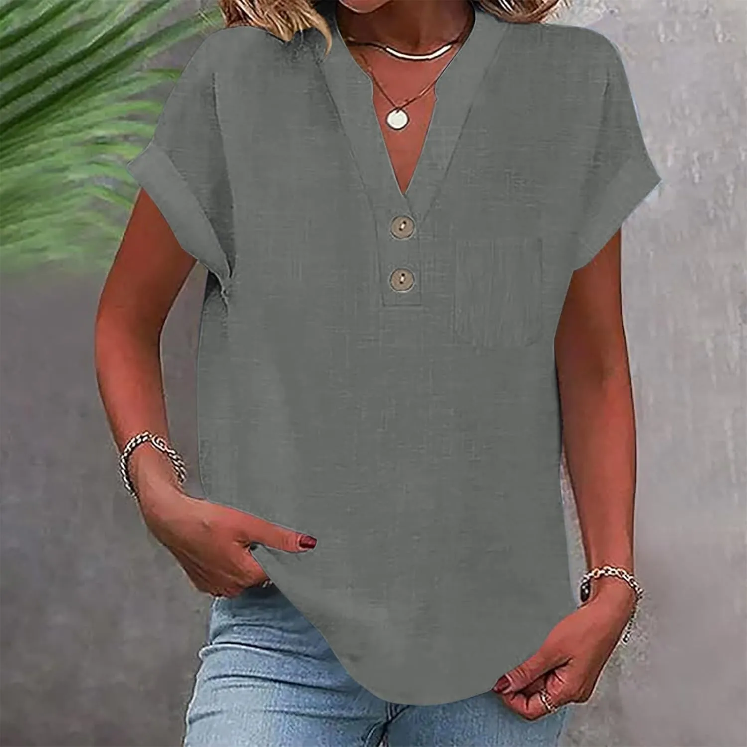 Womens Tops Trendy Short Sleeve V Neck Button Cotton Linen Solid Tunics Shirts Loose Casual Summer Tees with Pockets