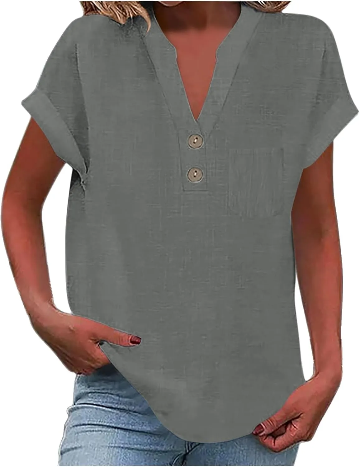 Womens Tops Trendy Short Sleeve V Neck Button Cotton Linen Solid Tunics Shirts Loose Casual Summer Tees with Pockets