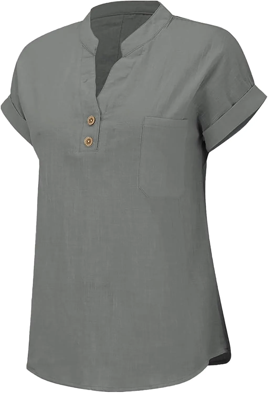 Womens Tops Trendy Short Sleeve V Neck Button Cotton Linen Solid Tunics Shirts Loose Casual Summer Tees with Pockets
