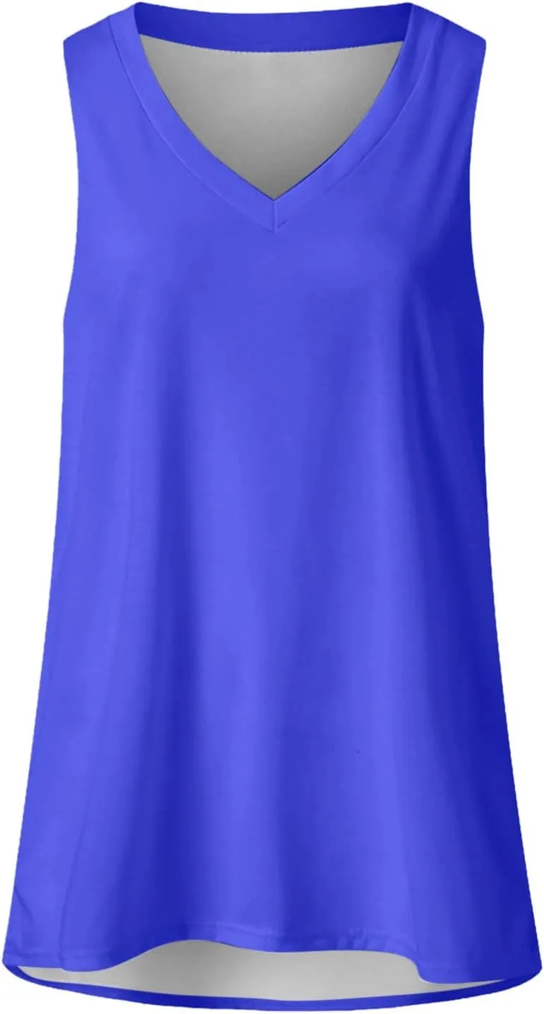 Women's Trendy Basic Tops V Neck Plus Size Blouse Tees Solid Color Comfort Long Tanks Sleeveless Pure T-Shirt Tees