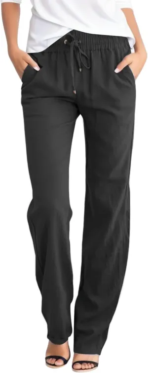 Womens Wide Leg Linen Pants Boho Beach Casual Elastic High Waist Palazzo Pant Work Pleated Trouser with Pocket
