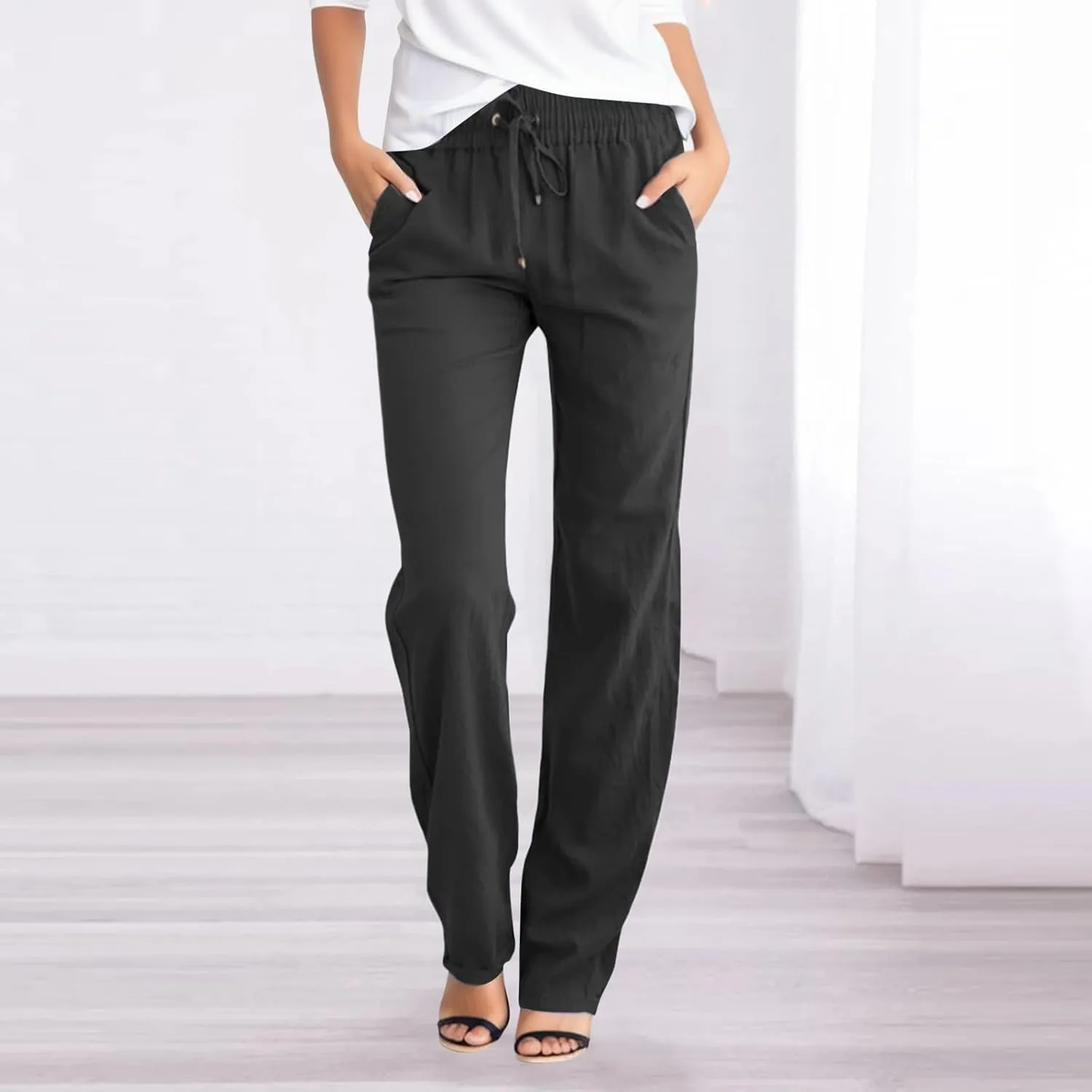 Womens Wide Leg Linen Pants Boho Beach Casual Elastic High Waist Palazzo Pant Work Pleated Trouser with Pocket