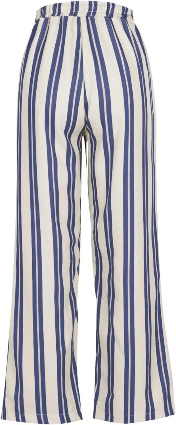 Womens Wide Leg Pants Drawstring Straight Leg Trousers Beach Vacation Loungewear Striped Pant with Pockets