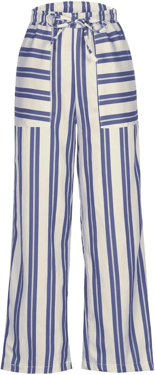 Womens Wide Leg Pants Drawstring Straight Leg Trousers Beach Vacation Loungewear Striped Pant with Pockets
