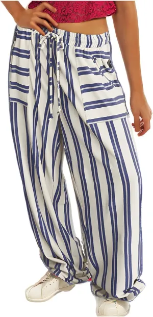 Womens Wide Leg Pants Drawstring Straight Leg Trousers Beach Vacation Loungewear Striped Pant with Pockets