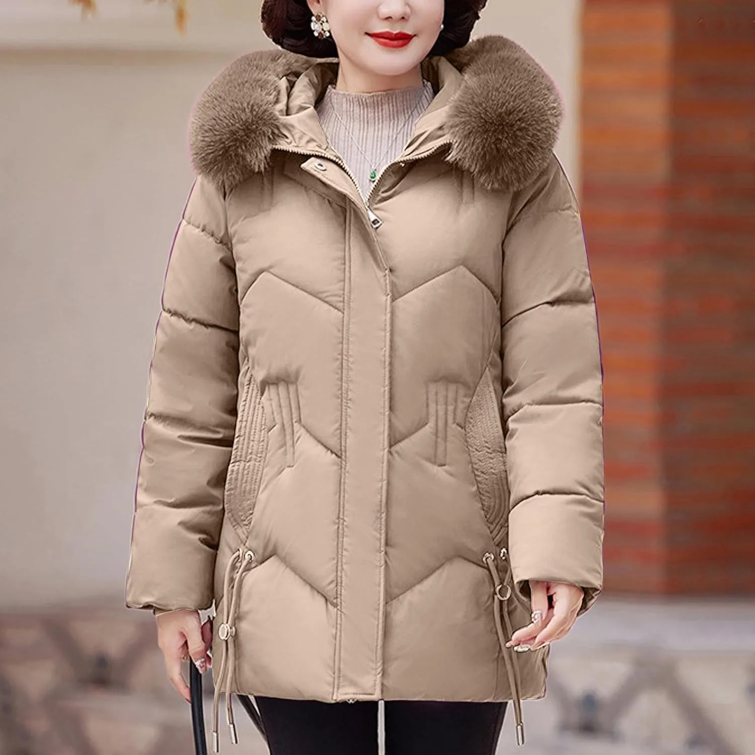 Women's Winter Coats Faux Fur Trim Hooded Puffer Jackets Quilted Cropped Thickened Down Coats Casual Warm Outerwear