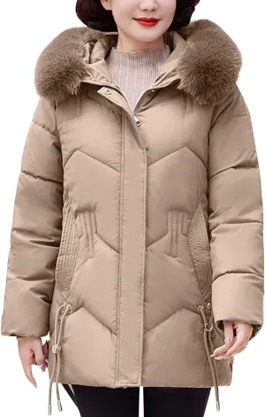 Women's Winter Coats Faux Fur Trim Hooded Puffer Jackets Quilted Cropped Thickened Down Coats Casual Warm Outerwear