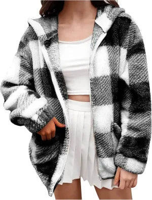 Womens Winter Coats Warm Plush Hooded Jackets Zip Up Button Cardigan Trendy Plaid Fleece Fuzzy Outerwear