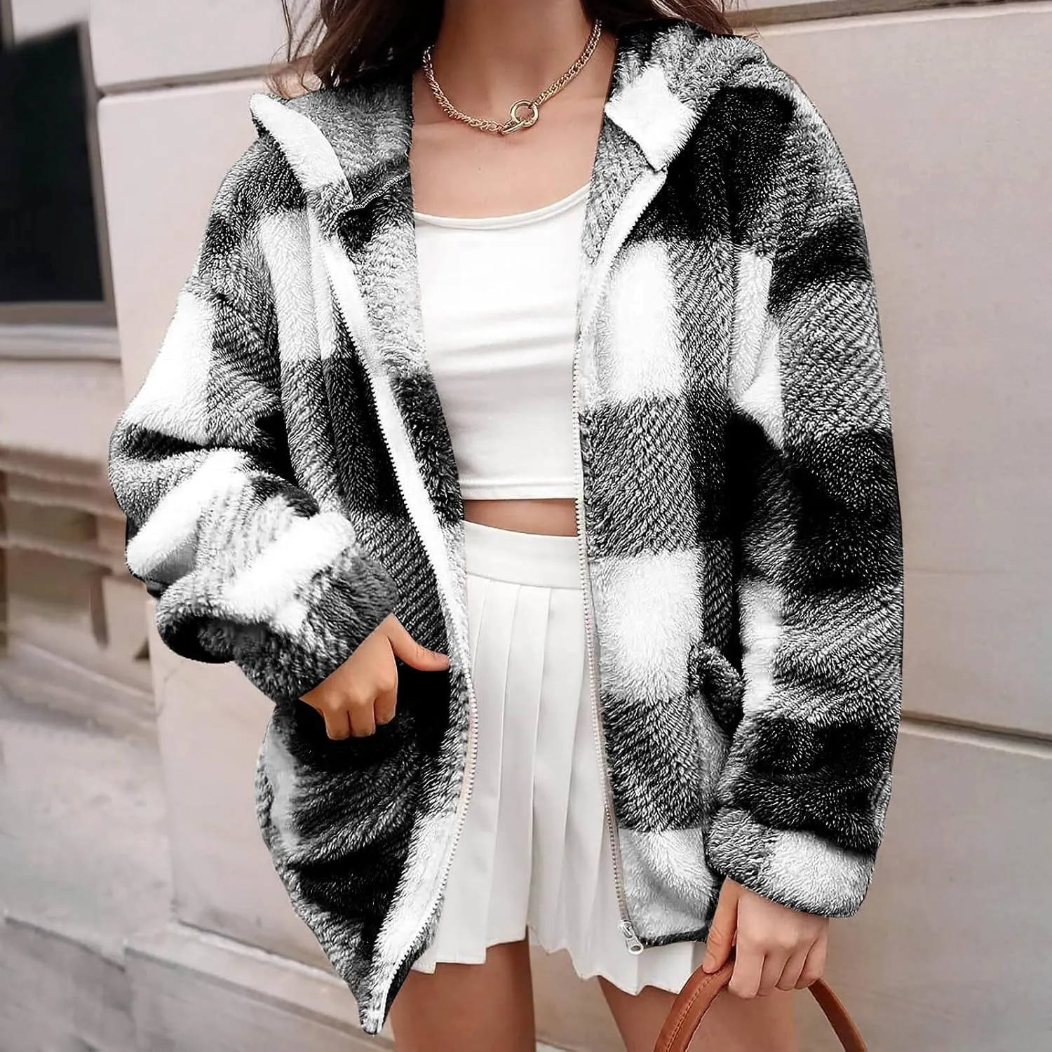 Womens Winter Coats Warm Plush Hooded Jackets Zip Up Button Cardigan Trendy Plaid Fleece Fuzzy Outerwear