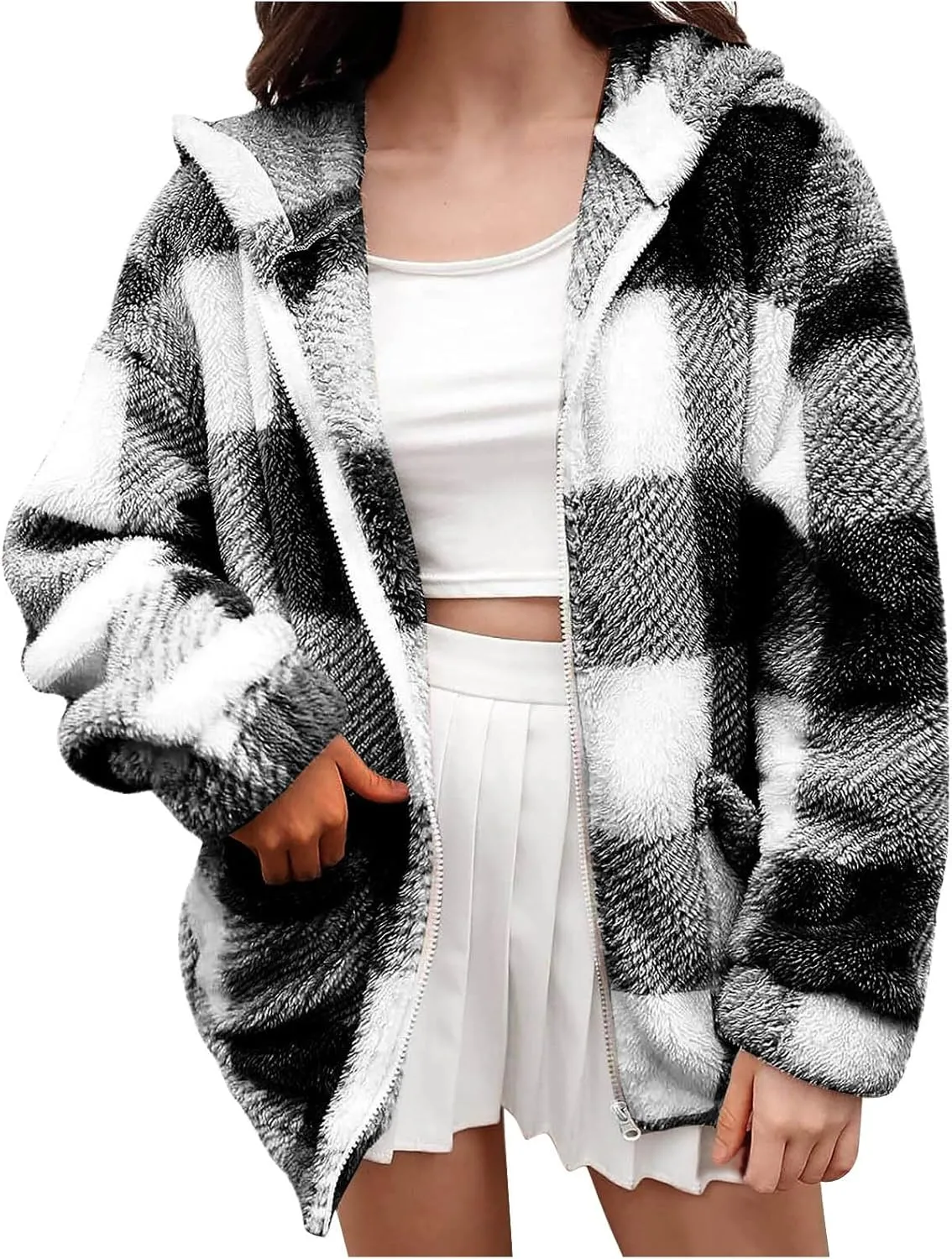 Womens Winter Coats Warm Plush Hooded Jackets Zip Up Button Cardigan Trendy Plaid Fleece Fuzzy Outerwear
