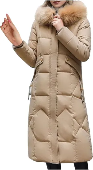 Women's Winter Coats with Fur Hood Puffer Down Jackets Parka Long Overcoat Warm Cotton Bread Jacket Quilted Outerwear