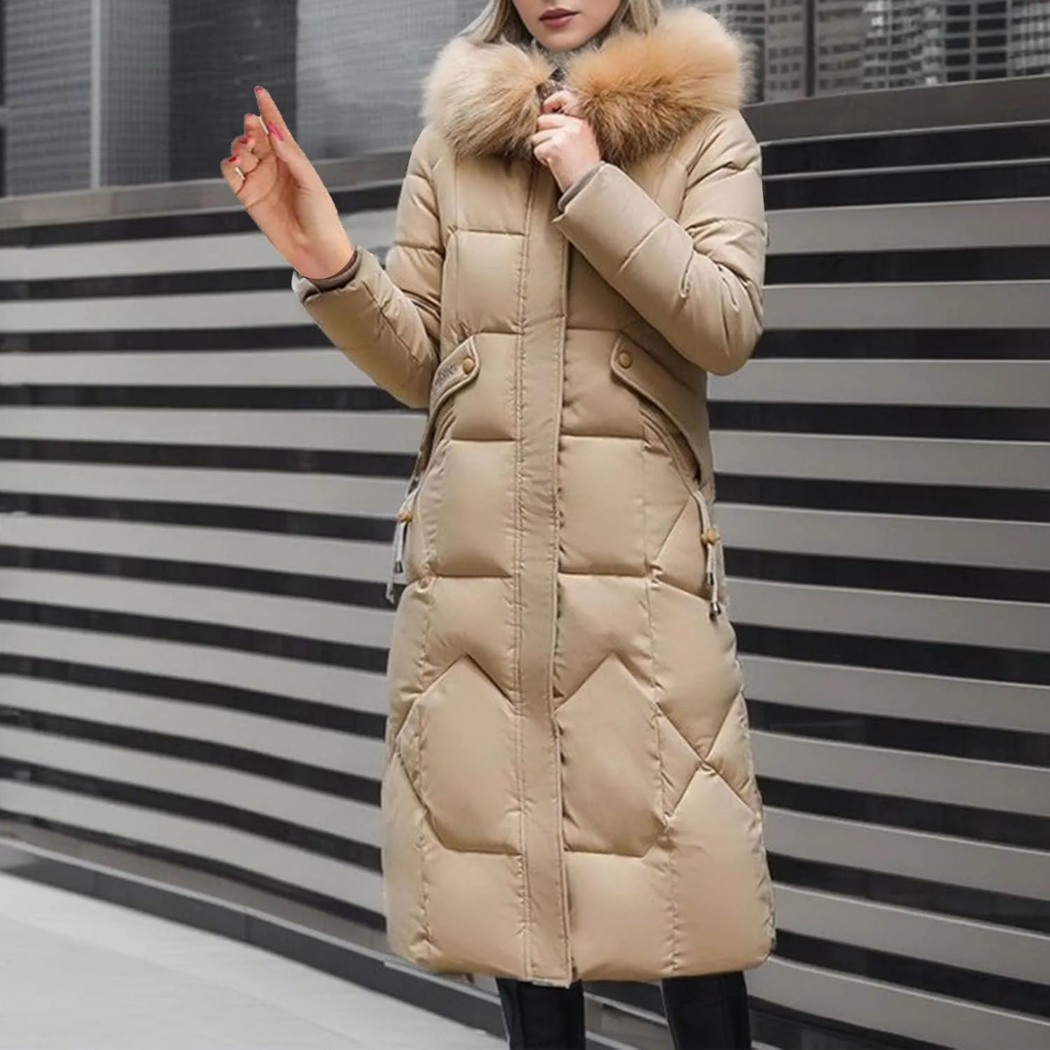 Women's Winter Coats with Fur Hood Puffer Down Jackets Parka Long Overcoat Warm Cotton Bread Jacket Quilted Outerwear