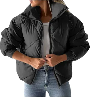Womens Winter Cropped Puffer Jacket Oversized Long Sleeve Full Zip Puffy Coat Warm Quilted Jacket with Pockets