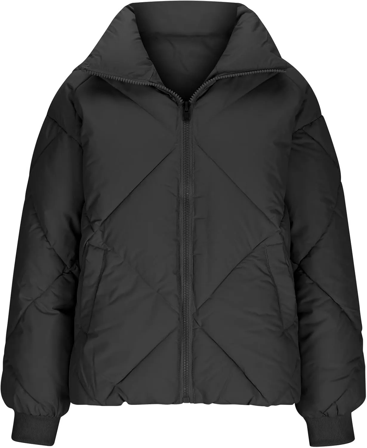 Womens Winter Cropped Puffer Jacket Oversized Long Sleeve Full Zip Puffy Coat Warm Quilted Jacket with Pockets