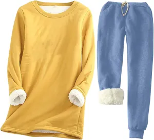 Women's Winter Warm Pajamas Sets Fleece Long Sleeve Thermal Top Fleece Joggers Loungewear Sleepwear Thermal Sets