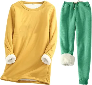 Women's Winter Warm Pajamas Sets Fleece Long Sleeve Thermal Top Fleece Joggers Loungewear Sleepwear Thermal Sets