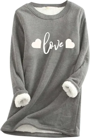 Women's Winter Warm Sherpa Lined Fleece Crewneck Letter Printed Sweatshirt Pullover Loungewear Tunic Tops