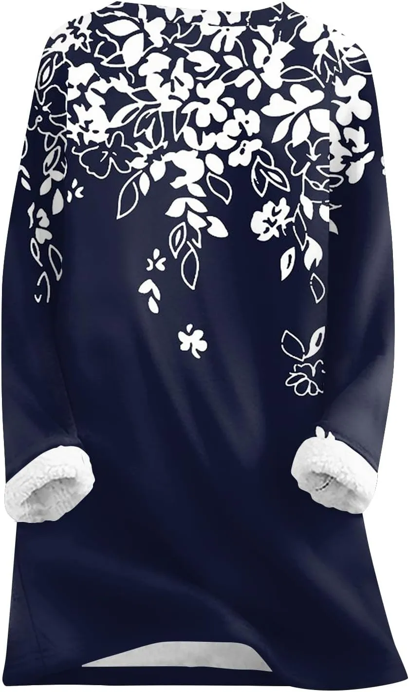 Women's Winter Warm Sherpa Lined Fleece Crewneck Pullover Sweatshirt Loungewear Tunic Tops Underwear