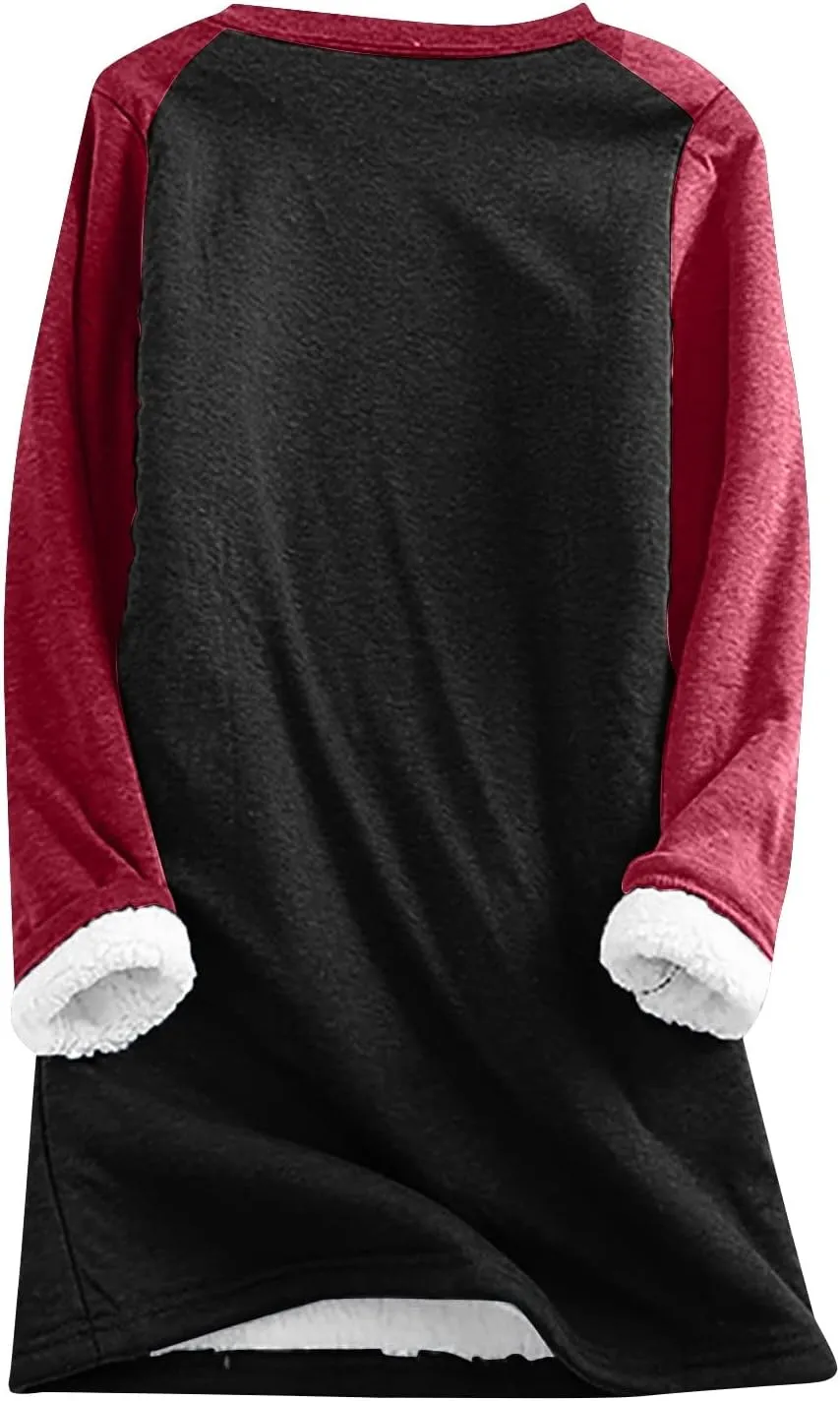 Women's Winter Warm Sherpa Lined Fleece Crewneck Pullover Sweatshirt Loungewear Tunic Tops Underwear