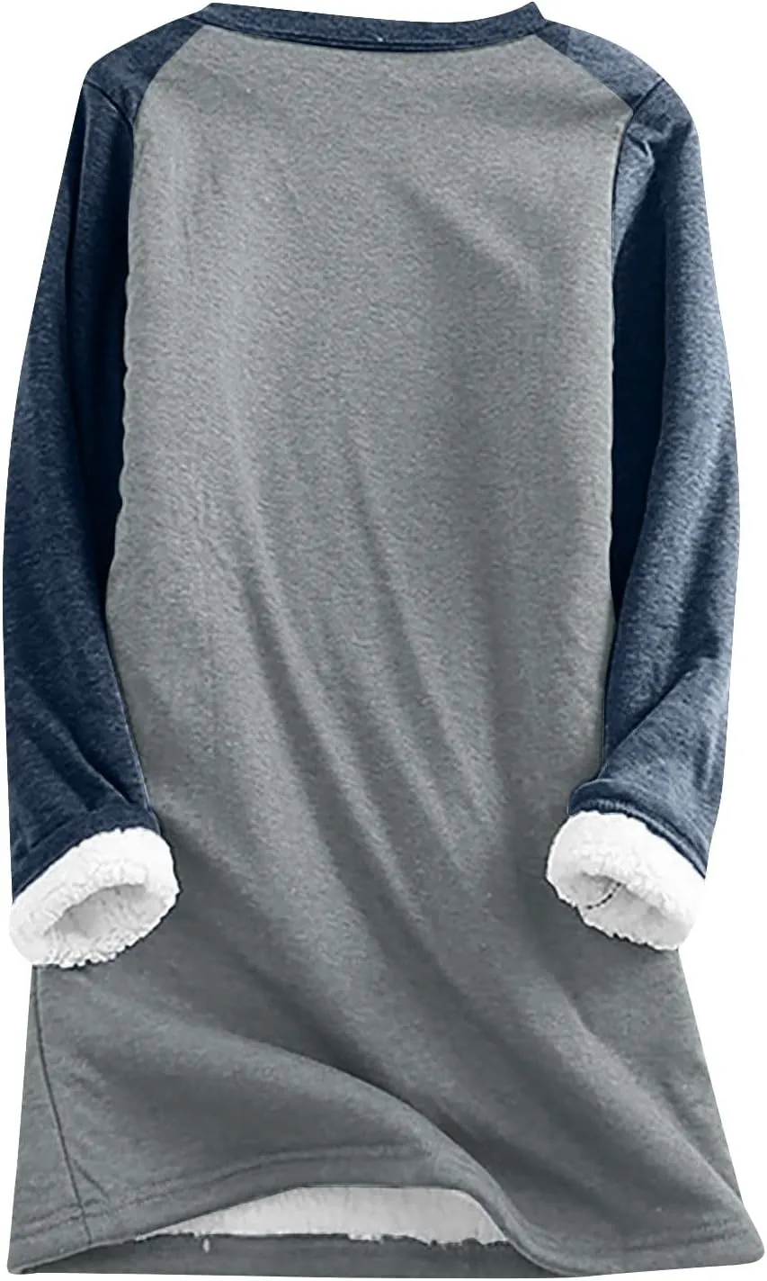 Women's Winter Warm Sherpa Lined Fleece Crewneck Pullover Sweatshirt Loungewear Tunic Tops Underwear