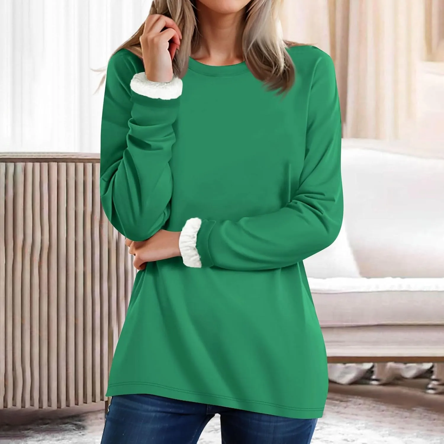 Women's Winter Warm Sherpa Lined Fleece Crewneck Pullover Sweatshirt Loungewear Tunic Tops Underwear