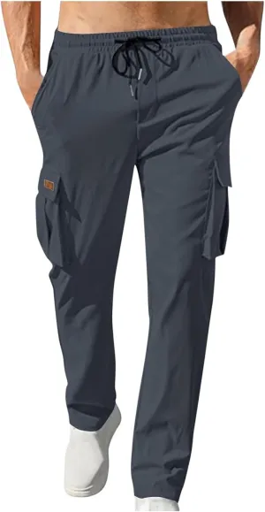 Workout Pants Men Solid Color Elastic Waist Sports Trousers Casual Straight Golf Outdoor Cargo Pants with Pockets