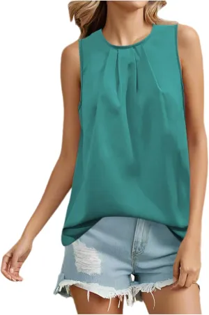 Xiaojmake Women's Summer Fashion Tank Shirt Solid Color Crew Neck Sleeveless Tunic Tank Tops Loose Fit Pleated Flowy Blouses