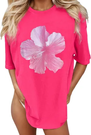 Y2k Shirts for Women Shorts Sleeve Oversized Pink Graphic Tshirt Crewneck Preppy Clothes for Teen Girls