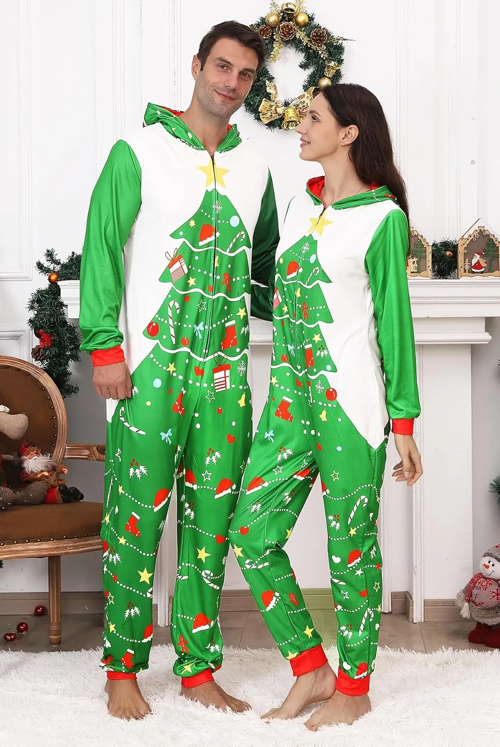 YEAXLUD Matching Christmas Pajamas for Family Couples Womens Sleepwear Mens Xmas One Piece Pjs Onesie Adult Costume