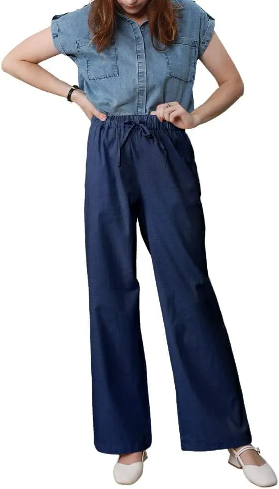 yoeasy Women Cotton Linen Drawstring Wide Leg Pants High Waisted Casual Loose Trousers with Pockets