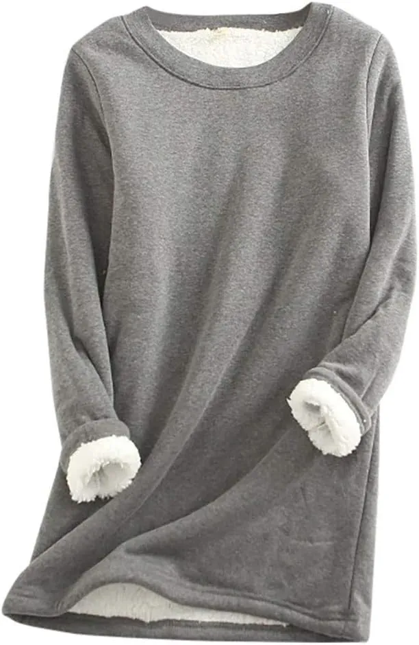 YRAETENM Fleece Sweatshirts for Women Winter Warm Sherpa Lined Crewneck Pullover Loungewear Soft Comfy Long Sleeve Tunic Tops