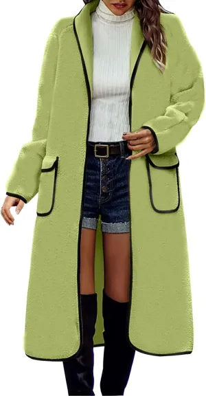 YRAETENM Long Winter Coats for Women Plus Size Warm Wool Blend Pea Coats Mid Long Lapel Open Front Trench Coats with Pockets